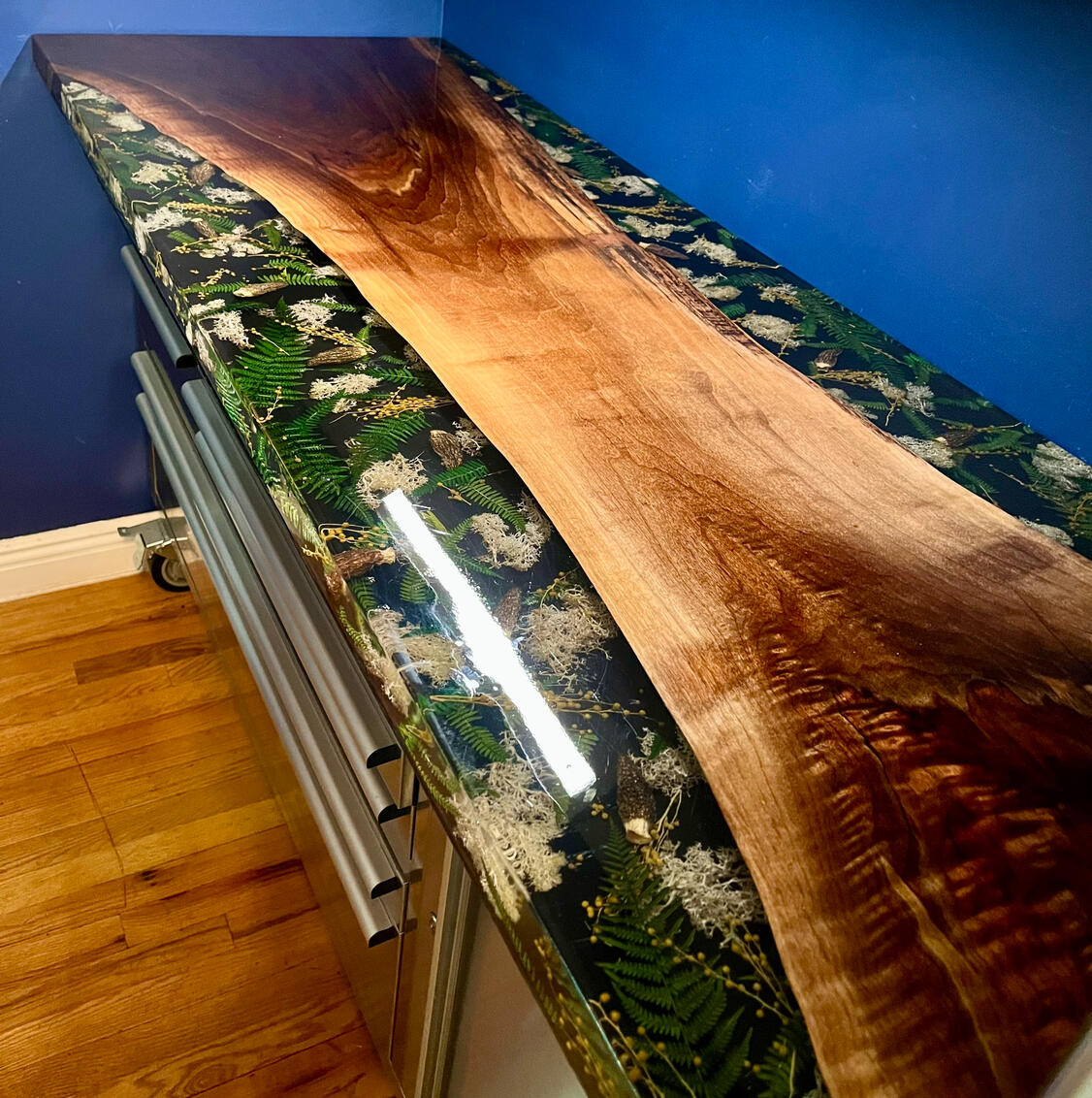 Fern, moss, and black walnut tabletop Fern, moss, and black walnut tabletop